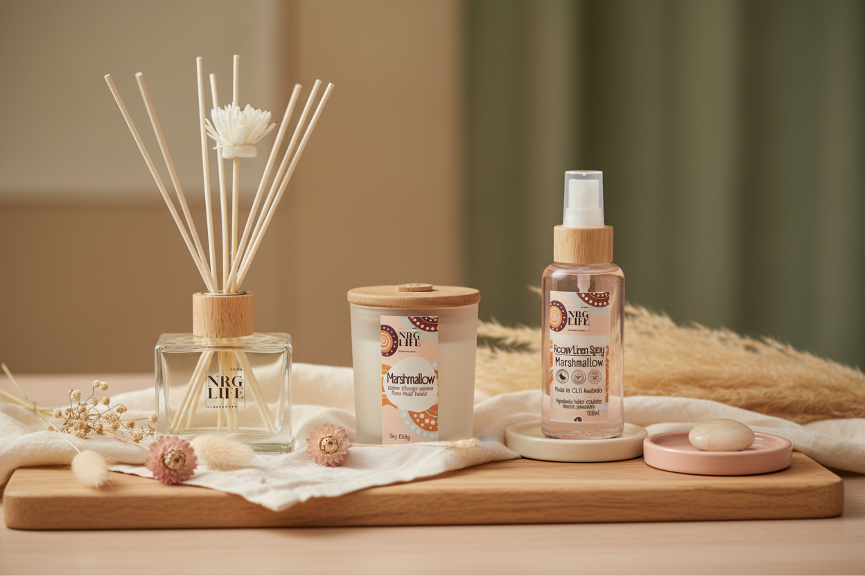 A display of home fragrance products with the scent Marshmallow including a Diffuser, Candle, and Room Spray on a wooden board.