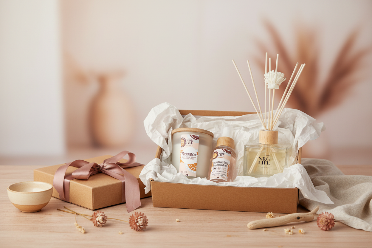 Marshmallow scented gift basket with a eco-candle, diffuser and room spray on a wooden surface