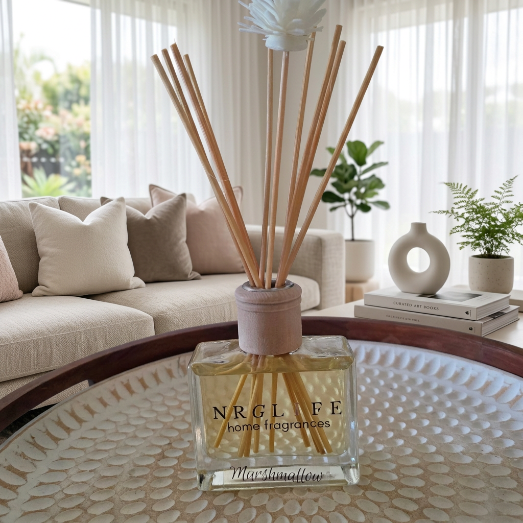Marshmallow reed diffuser in a softly lit modern living room.