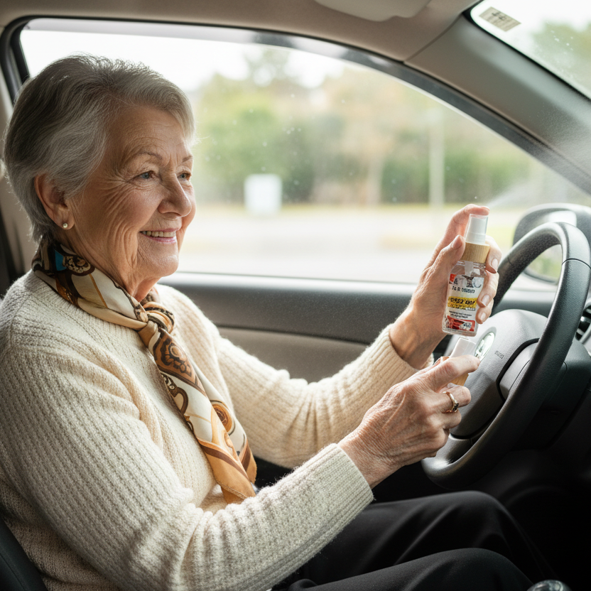 Myrtle Mist car air freshener being held inside a car by a retired lady.