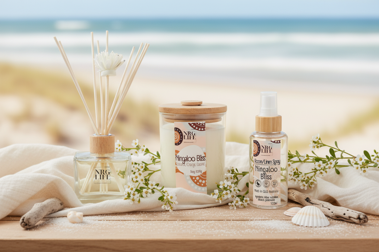 Aromatherapy products with best loved scent Ningaloo Bliss including a diffuser, candle, and room spray bottle on a wooden surface with a beach background.