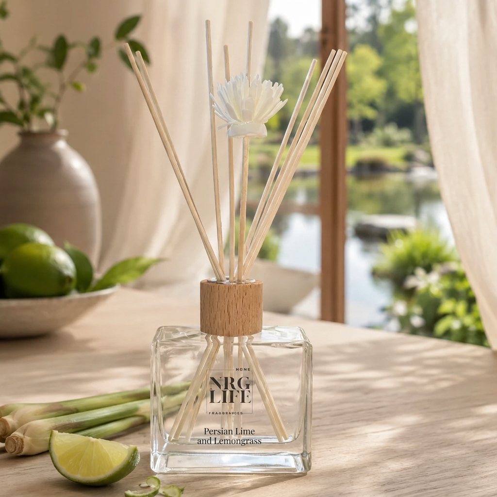 Nrglife Reed Diffuser with the fragrance Persian Lime and Lemongrass sits on a natural light timber table, with limes and lemongrass overlooking a pond.