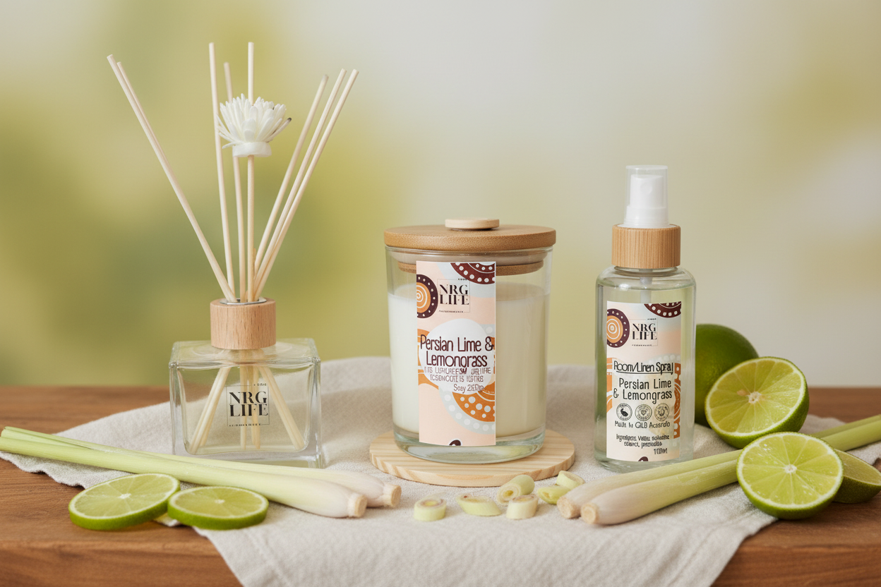 Persian Lime & Lemongrass Reed Diffuser, Coconut Soy Candle & Room Spray, on a timber table with citrus decorations.