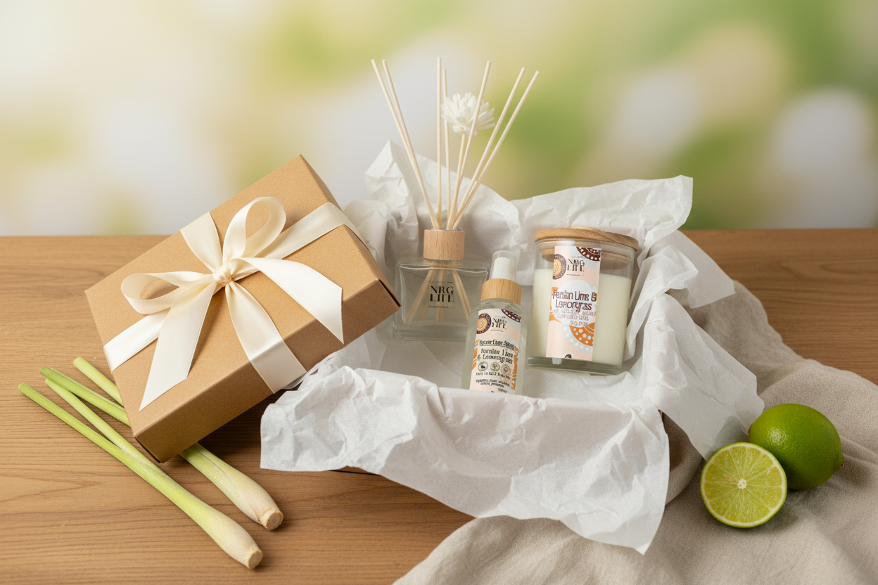 Persian Lime & Lemongrass gift box with a bow, diffuser, room spray and candle on a wooden surface with a blurred background