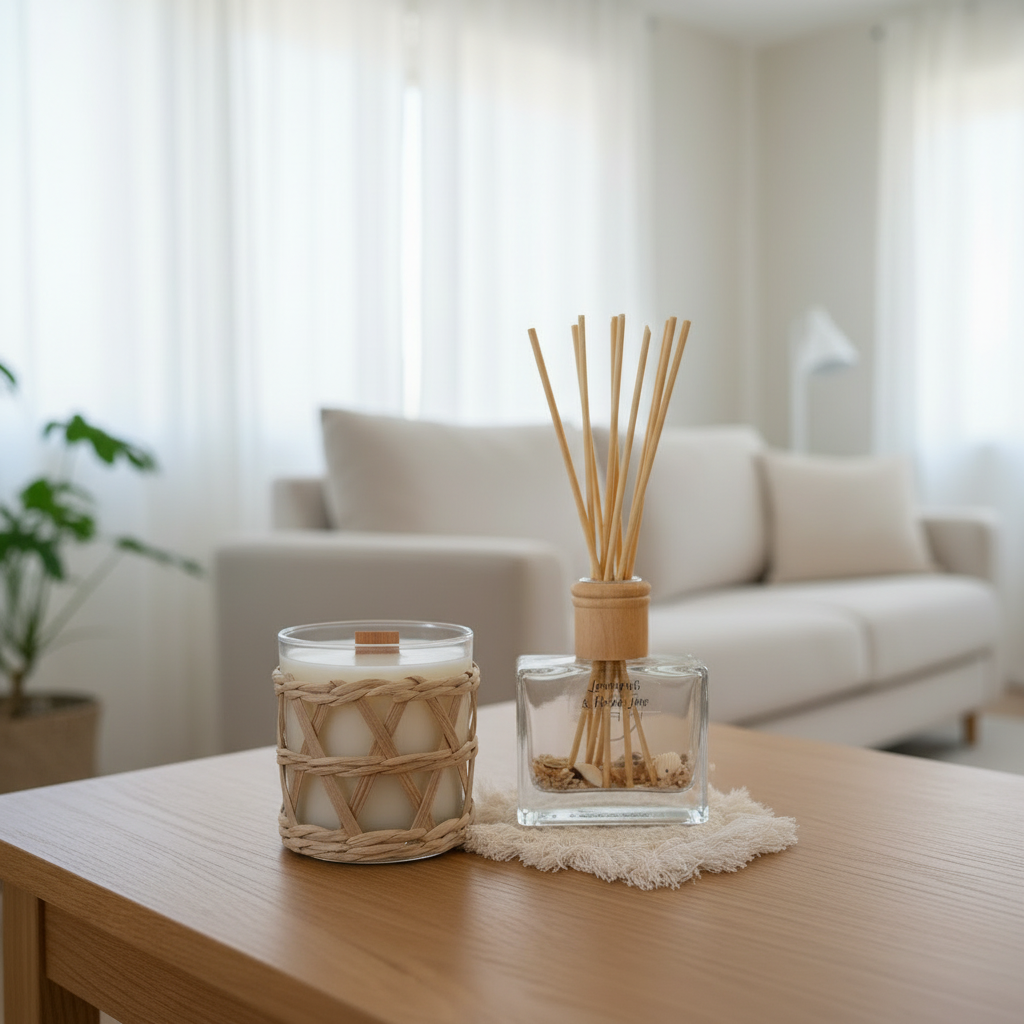 Eco Natural Rattan Weave Candle and Reed Diffuser on a table with a lounge and white sheer curtains in the background.