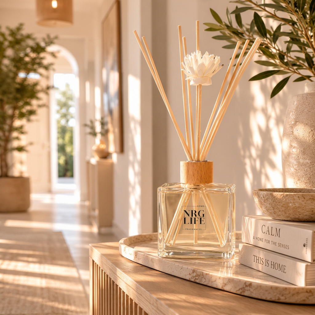 Elysian diffuser placed on a hall table with bright filtered light and matching décor.
