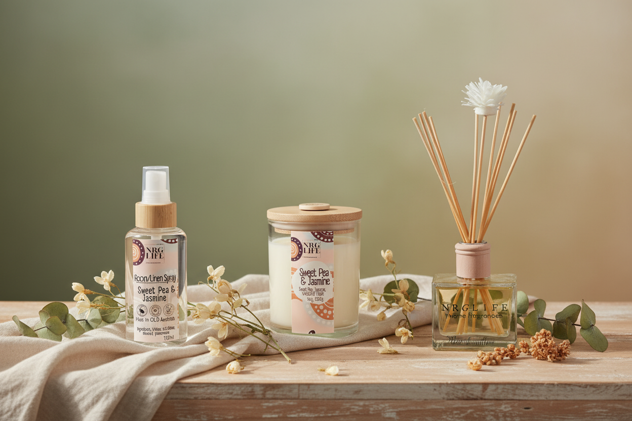 Sweet Pea & Jasmine Reed Diffuser, Candle and Room Spray sitting on a washed effect timber table with floral adornment.
