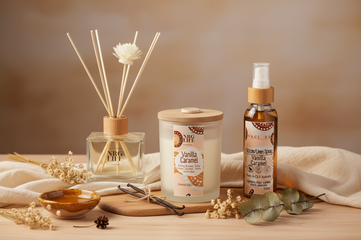 Sweet Vanilla Caramel Set including a Reed Diffuser, Candle and Room Linen Spray on a beech timber top with floral forna.