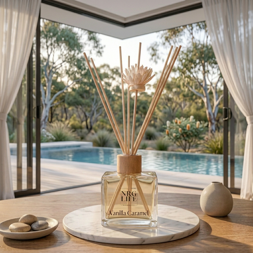 Vanilla Caramel diffuser with an open sliding door overlooking an infinity pool and Australian bushland