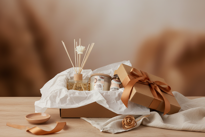 Sweet Vanilla Caramel gift basket with reed diffuser, candle, and a room spray on a wooden table.