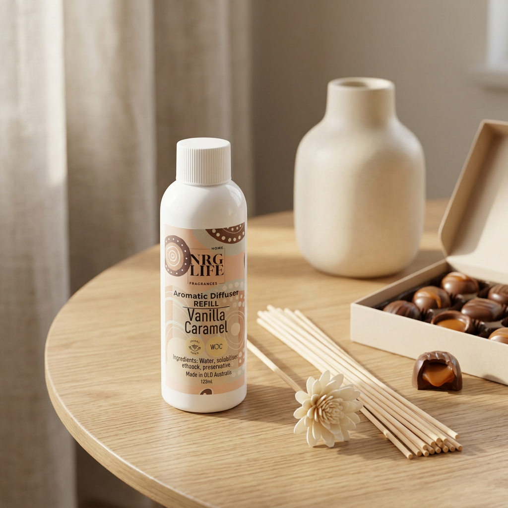 White Vanilla Caramel bottle with natural reeds, a flower-topped reed, vase and caramel chocolates