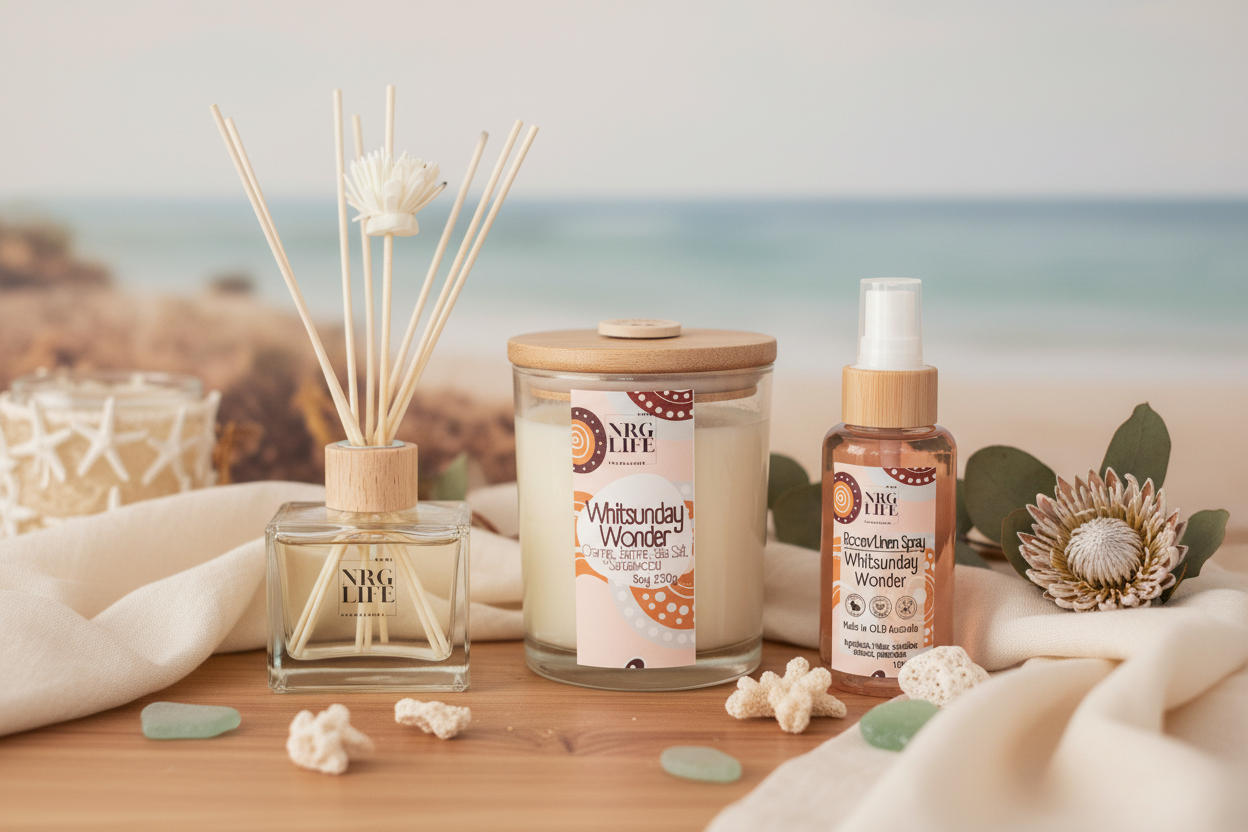 Whitsunday Wonder Reed Diffuser, Candle and Room Spray on a timber table with coral and sea glass with a beach background.
