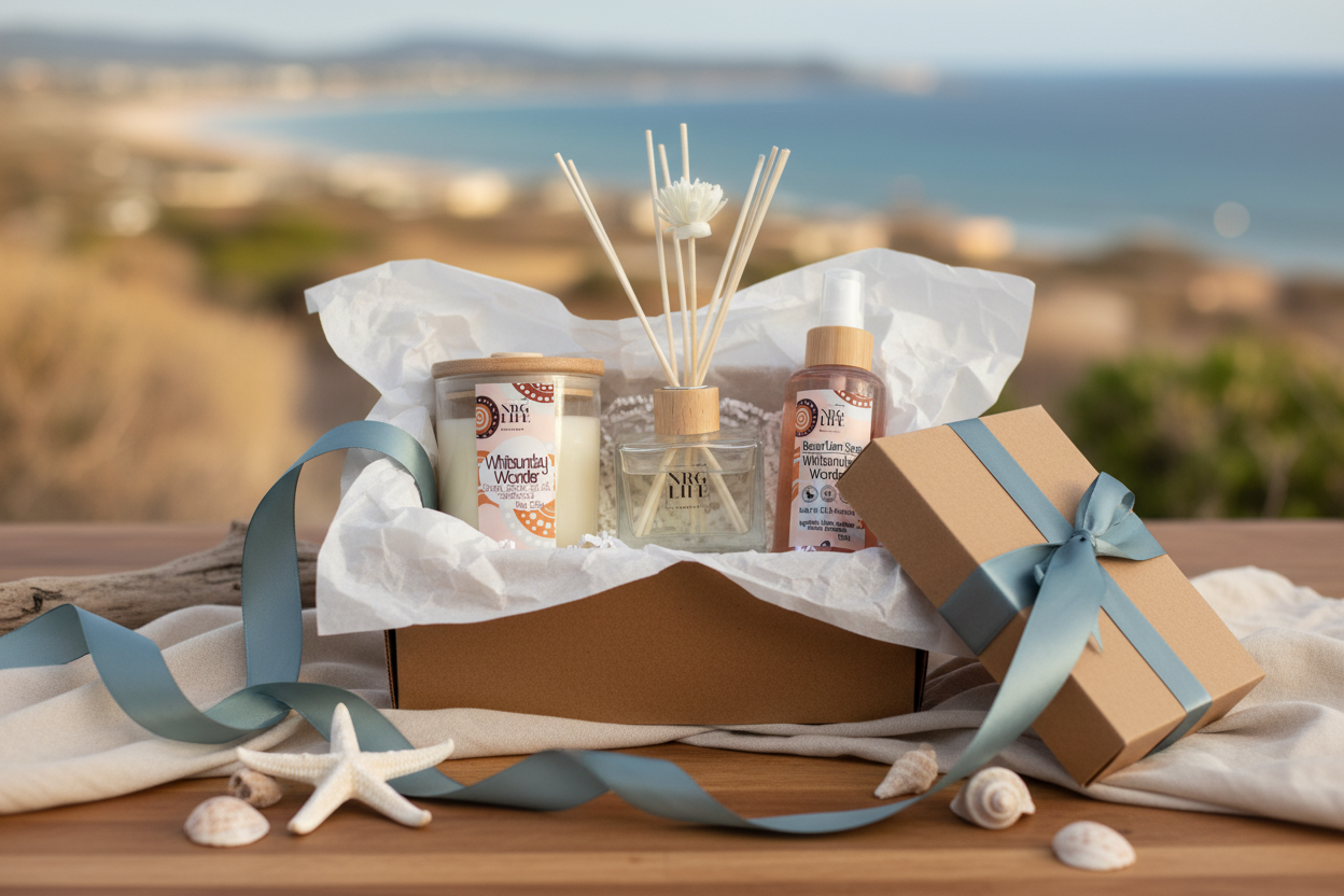Whitsunday Wonder inspired gift basket with an eco-candle, diffuser, and room spray on a wooden surface with shells and scenic beach bay background.