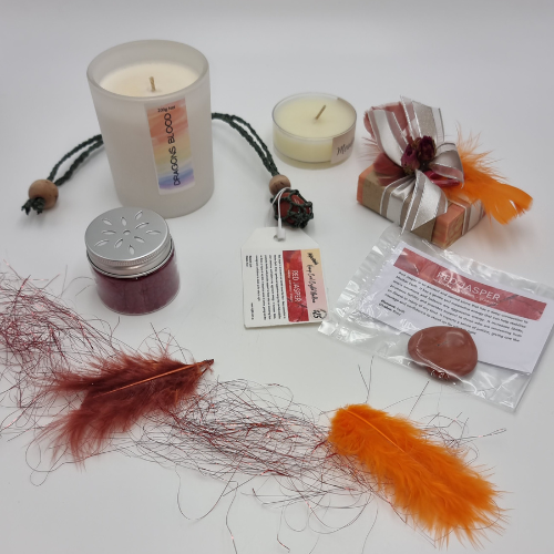 Orange & Red Deluxe Gift Pack with 2 Candles, Bead Diffuser, Crystal Necklace and Soap