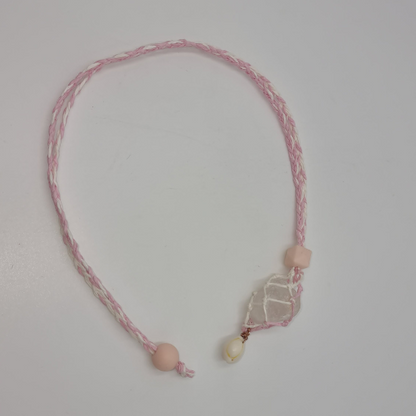 Adjustable Pink and White Hemp Cord Crystal Necklace