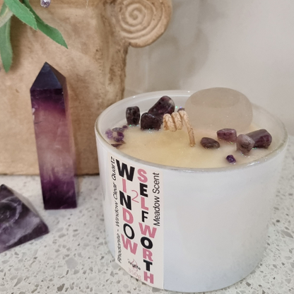 Rhodonite and Clear Quartz Crystal Candle called Window 2 Self Worth infused with Meadow Fragrance