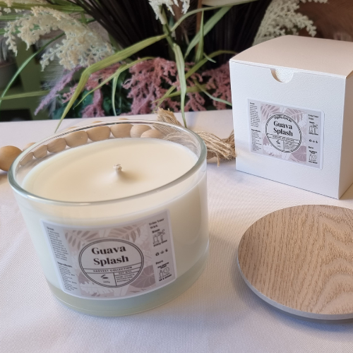 Clear Glass Large Guava Splash Candle with neutral colours