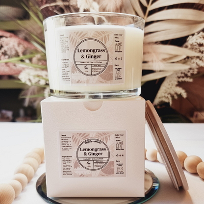 Clear Glass Large Lemongrass & Ginger Soy Candle in neutral colours.