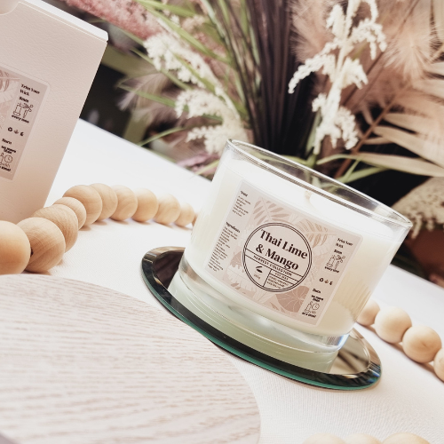 Clear Glass Large Thai Lime & Mango Soy Candle in neutral colours.
