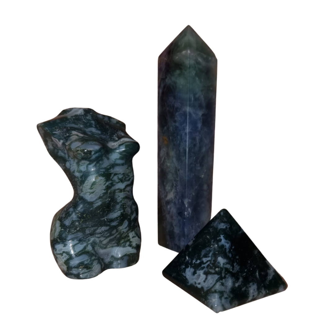 Moss Agate Model Pyramid and Tower Collection of Crystals