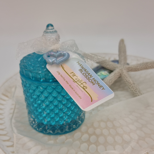 Pastel Blue Renaissance Jar Candle infused with Hawaiian Honey Blossom Fragrance