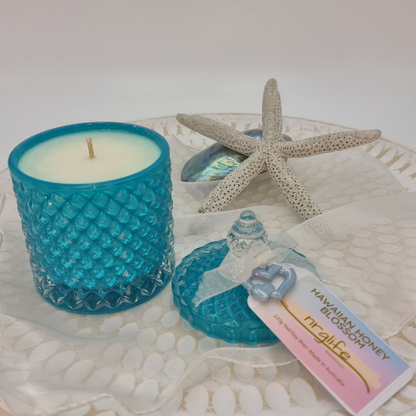 Pastel Blue Renaissance Jar Candle infused with Hawaiian Honey Blossom Fragrance