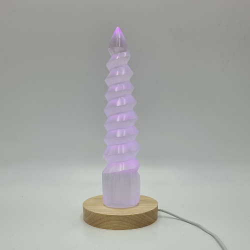 Selenite Crystal Spiral placed on a USB Multi-Colour Lamp
