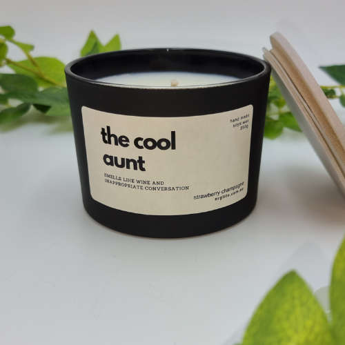 Novelty Candle called "The Cool Aunt" infused with Strawberry Delight Fragrance