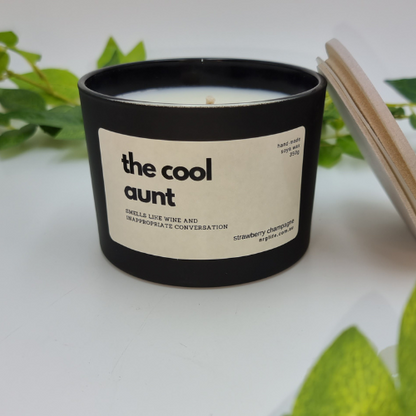 Novelty Candle called "The Cool Aunt" infused with Strawberry Delight Fragrance