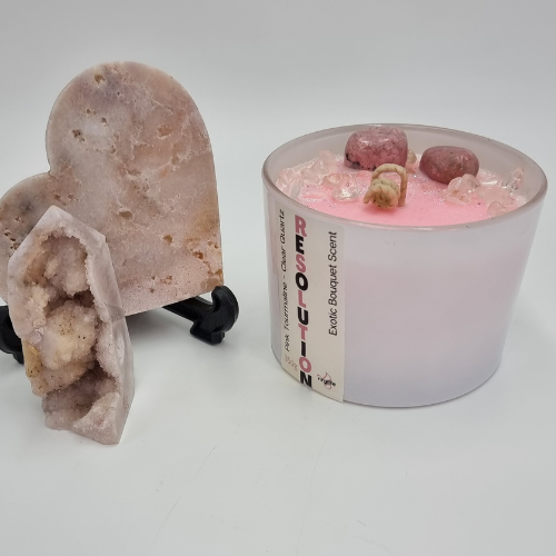 Pink Tourmaline and Clear Quartz Crystal Candle called Resolution infused with Exotic Bouquet Fragrance