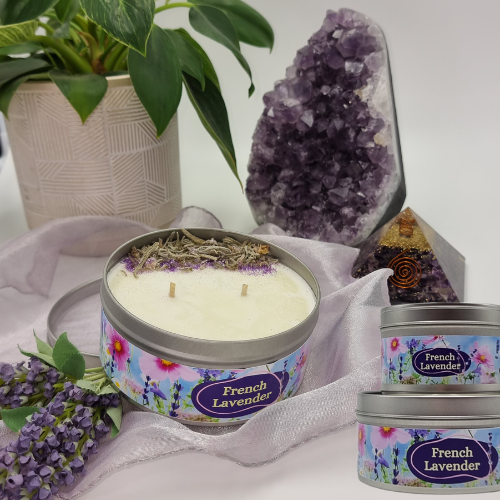 Large French Lavender Tin Candle with Perspex Lid and decorated with Lavender sprigs and lilac shimmer dust