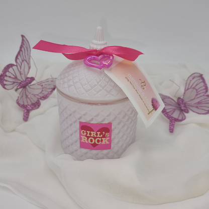 White Candle Jar with Hot Pink Embellishments, Girl's Rock Label infused with Bamboo & Musk Fragrance